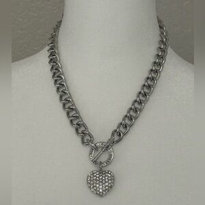 Guess Silver Tone Chain Necklace with Heart Pendant